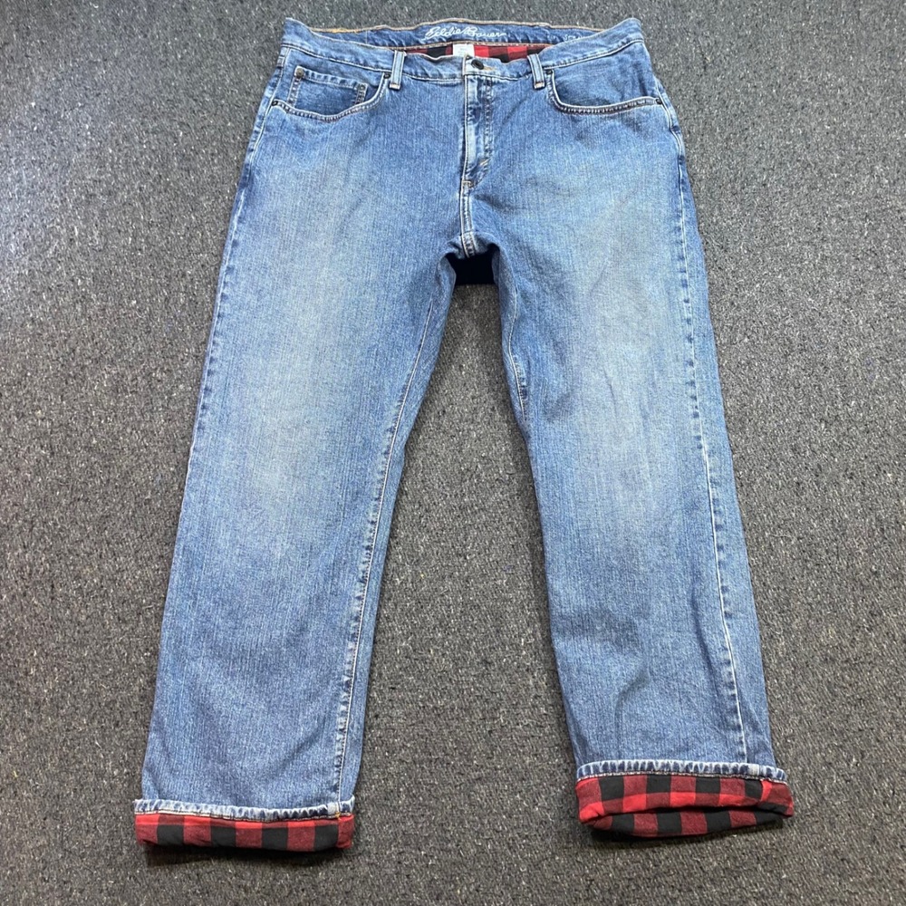 Eddie Bauer Flannel Lined Jeans Sz 38 Mens Blue Gorpcore Buffalo Plaid Straight